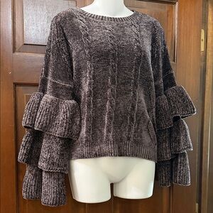 Chenille Cable-Knit Ruffle Sleeve Sweater - Blackish Gray